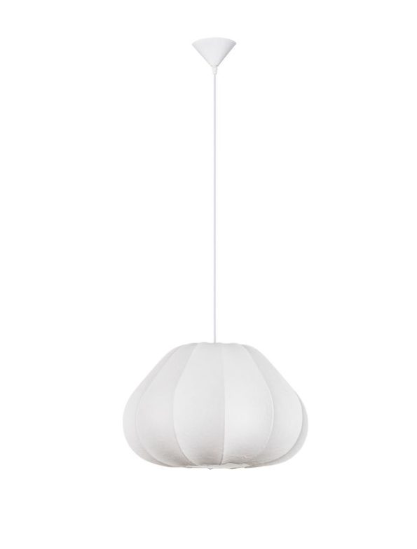 White hanging pendant lamp with a round, pleated fabric shade. Technical: a suspended white fabric lampshade on a cord.