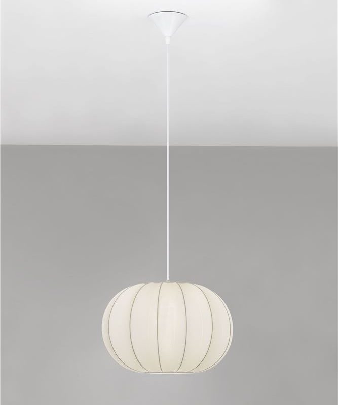 White spherical pendant lamp with vertical panel seams hanging from the ceiling in a minimalist setting