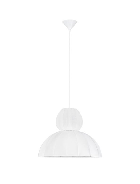 White pendant lamp featuring a spherical top shade above a larger dome shade, hanging from a ceiling cord.