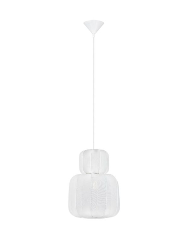 White two-tier pendant light with stacked rounded shades suspended from a ceiling mount.