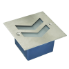 Metal square mounting plate with two chevron-shaped openings over a blue plastic electrical back box; screws visible at two corners.