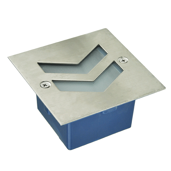 Metal square mounting plate with two chevron-shaped openings over a blue plastic electrical back box; screws visible at two corners.
