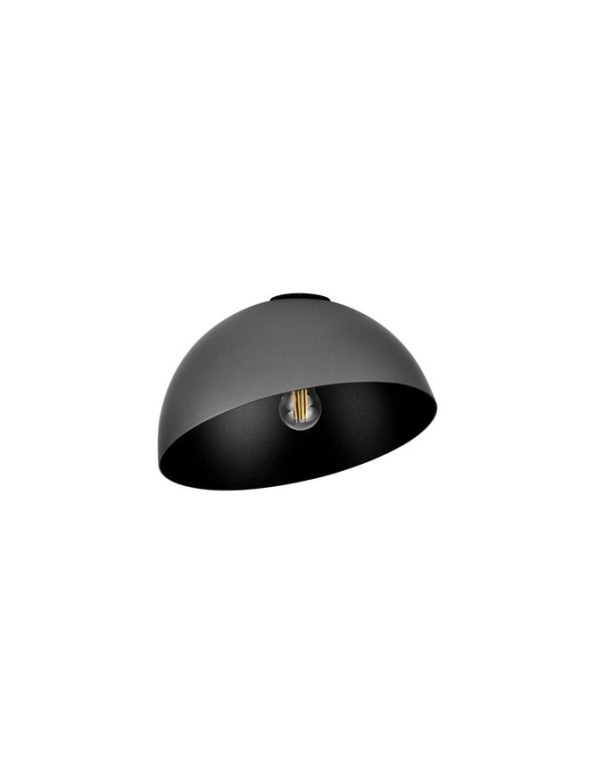 Gray dome pendant light with an exposed bulb inside, black interior visible
