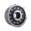 Circular LED ring light with a metal housing and multiple LEDs around a central hollow aperture