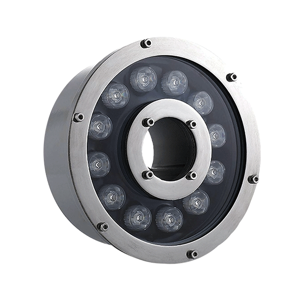 Circular LED ring light with a metal housing and multiple LEDs around a central hollow aperture