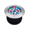 Round in-ground LED light with a stainless steel bezel, showing multicolored LEDs illuminated.