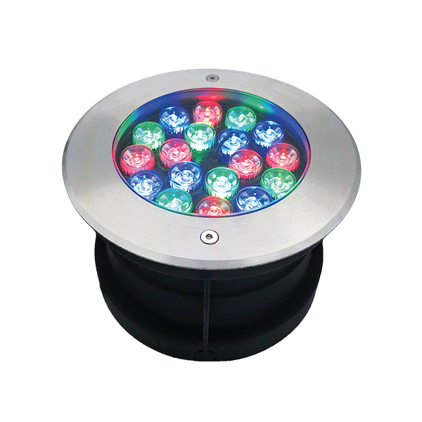Round in-ground LED light with a stainless steel bezel, showing multicolored LEDs illuminated.