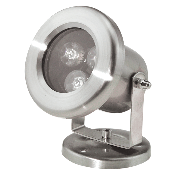 Silver LED spotlight on an adjustable metal stand with a round base and mounting yoke