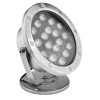 Metal LED floodlight on a round base, angled as if ready to illuminate a scene.