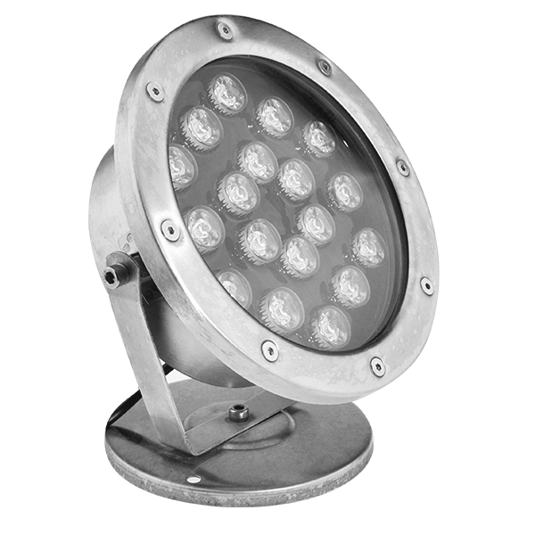 Metal LED floodlight on a round base, angled as if ready to illuminate a scene.