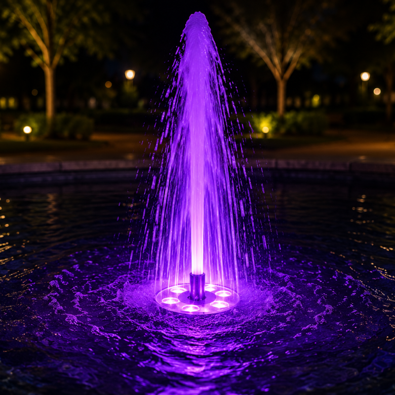 Night scene of a circular fountain with purple illuminated water shooting upward in a park setting.