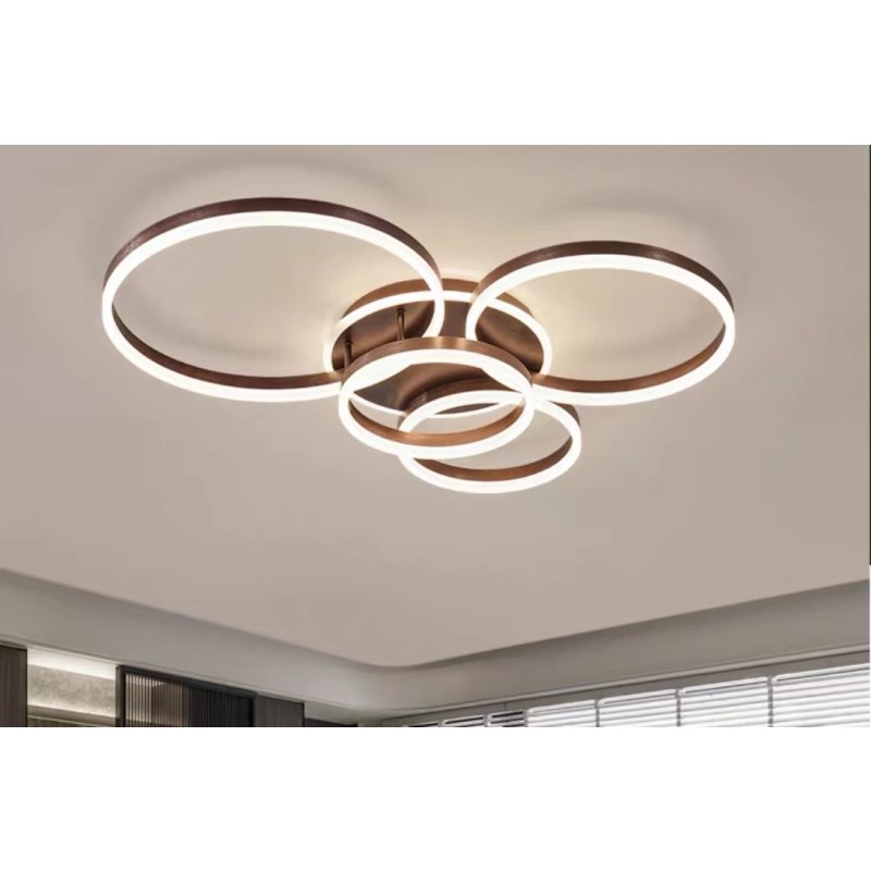 Modern ceiling light fixture with interlocking glowing circular rings in a living room.