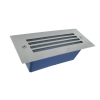 Metal floor vent grate with four parallel slots, mounted over a blue recessed housing.