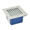 Floor drain with a metal grate and blue plastic housing