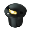 Black outdoor path light with a warm LED glow in a compact cylindrical housing