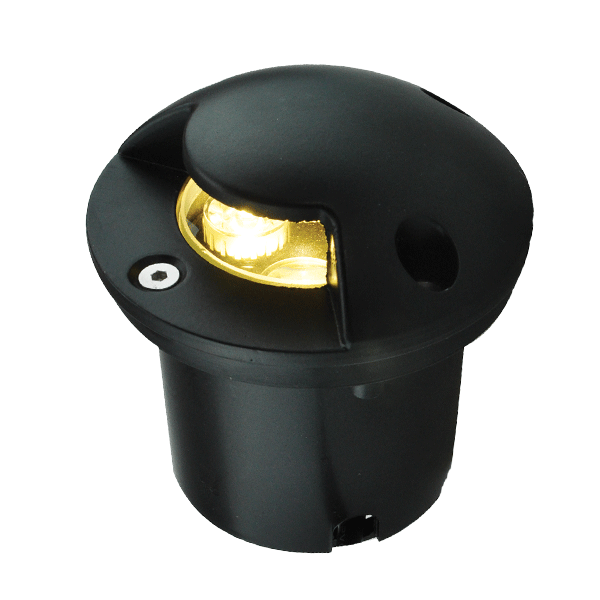 Black outdoor path light with a warm LED glow in a compact cylindrical housing