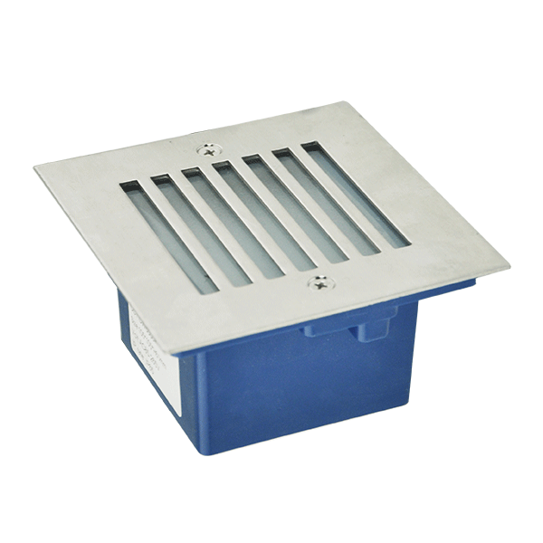 Floor drain with a metal grate and blue plastic housing