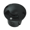 Round black plastic electrical mounting base with two side holes and a central screw, used to attach a fixture