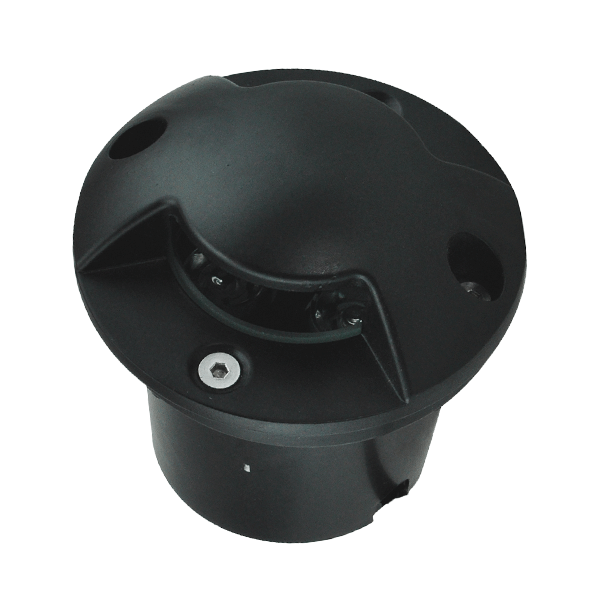 Round black plastic electrical mounting base with two side holes and a central screw, used to attach a fixture