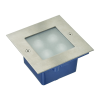 Square recessed LED landscape light with frosted cover and metal bezel, set in a blue plastic housing for outdoor use