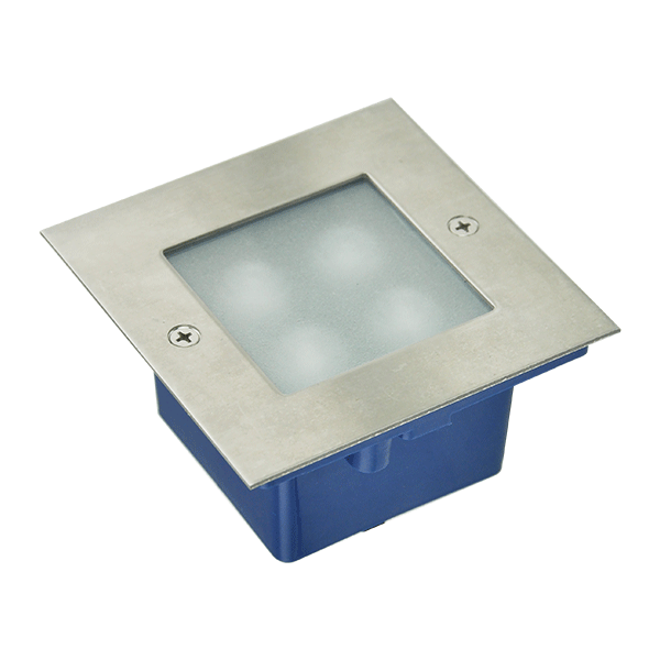 Square recessed LED landscape light with frosted cover and metal bezel, set in a blue plastic housing for outdoor use