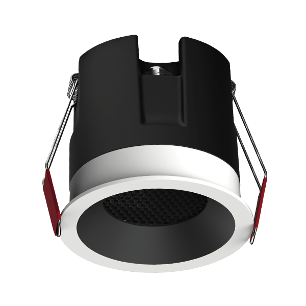 Recessed LED downlight housing with metal springs for ceiling installation, black body and white trim collar