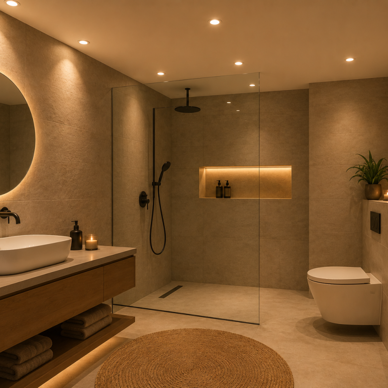 Contemporary bathroom with round backlit mirror above a wooden vanity, white vessel sink, and potted plant, plus candles and towels nearby.