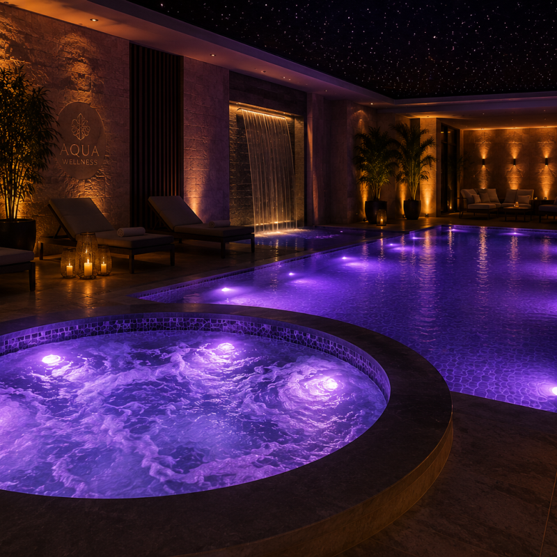 Luxurious indoor pool area at night with purple lighting, round hot tub in the foreground, lounge chairs, and potted palms along stone walls.