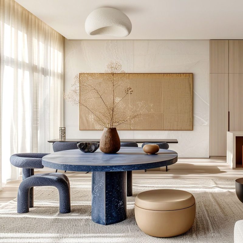Contemporary living/dining room with a round blue marble table, blue curved stools, a tan pouf, and a large beige wall art centerpiece near light wood cabinetry.