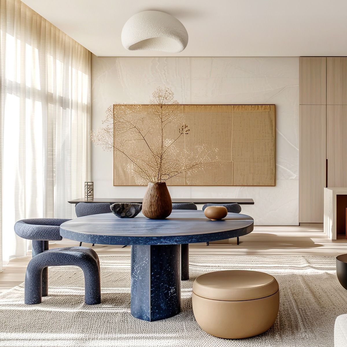 Contemporary living/dining room with a round blue marble table, blue curved stools, a tan pouf, and a large beige wall art centerpiece near light wood cabinetry.