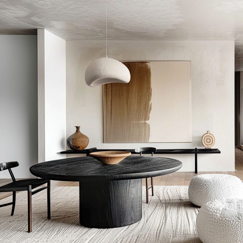 Modern dining area with a large round black table, black chairs, and a white textured pendant lamp overhead.