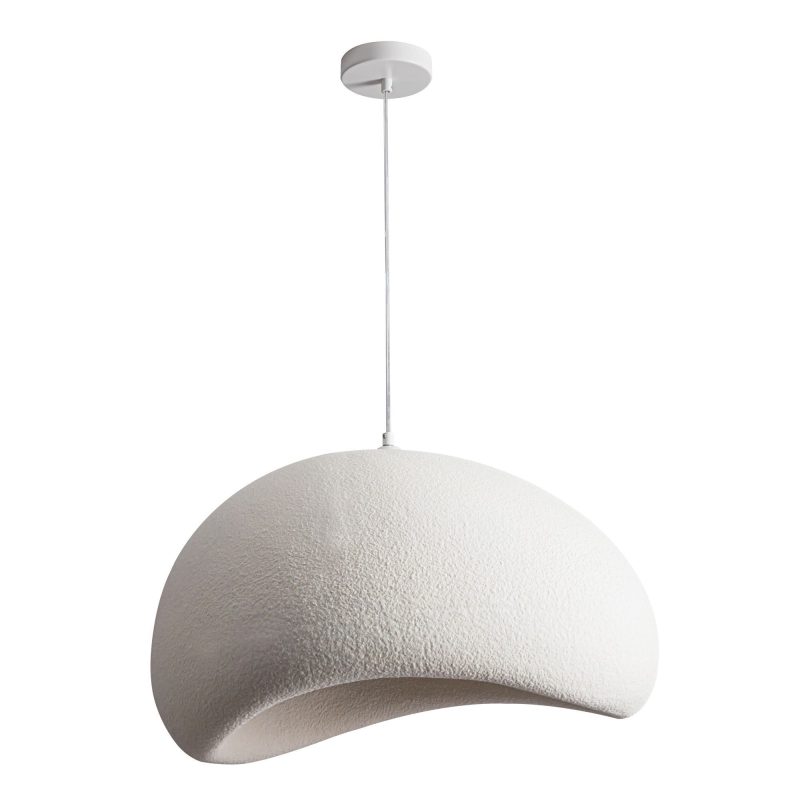 White textured dome pendant light hanging from a ceiling mount and cord (close-up).