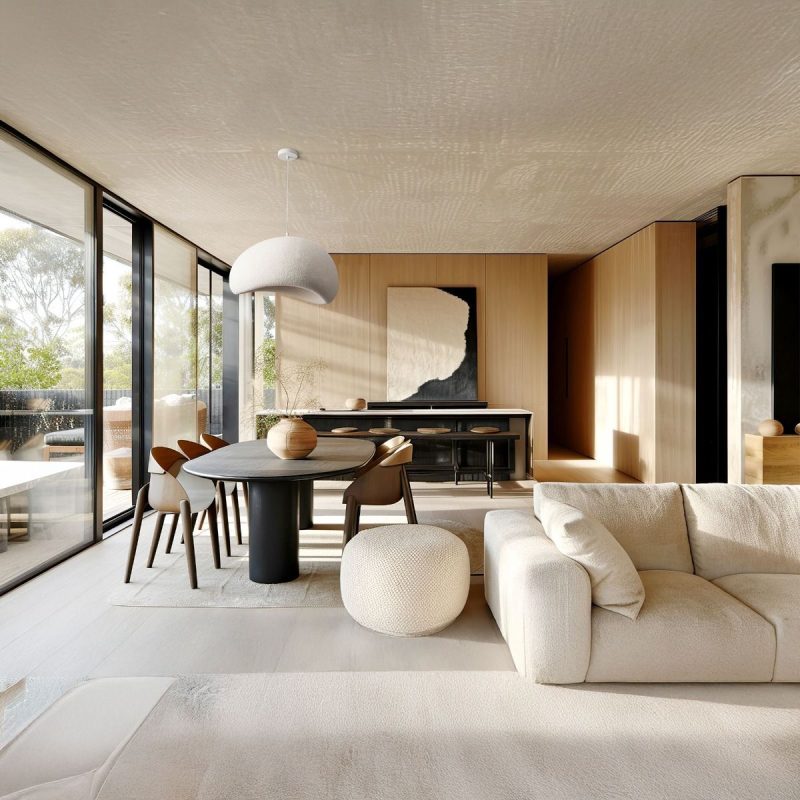 Bright, open-concept living and dining room with a round black table, tan chairs, and a beige sofa beneath a large white pendant light; floor-to-ceiling glass walls reveal greenery outside.