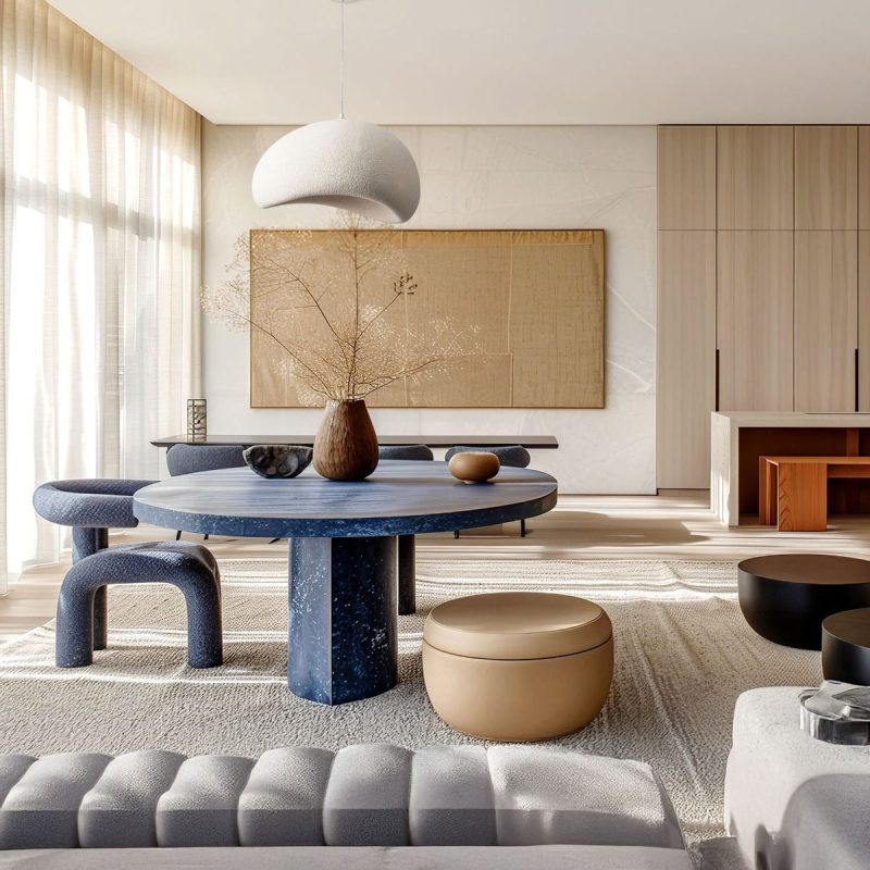 Modern beige-and-blue living space with a round blue dining table, curved blue seating, and a tan pouf beneath a large wall art piece.