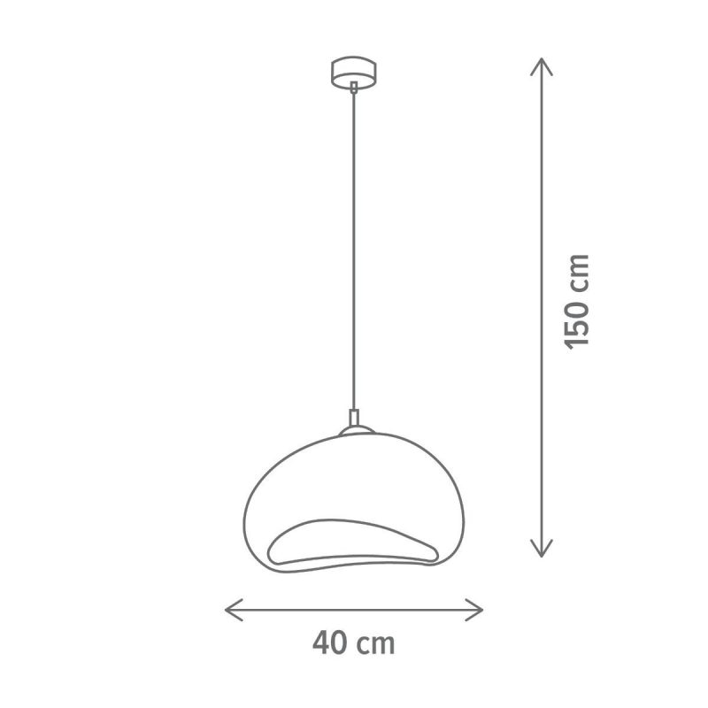 Pendant ceiling light with a dome shade, 150 cm drop and 40 cm width.
