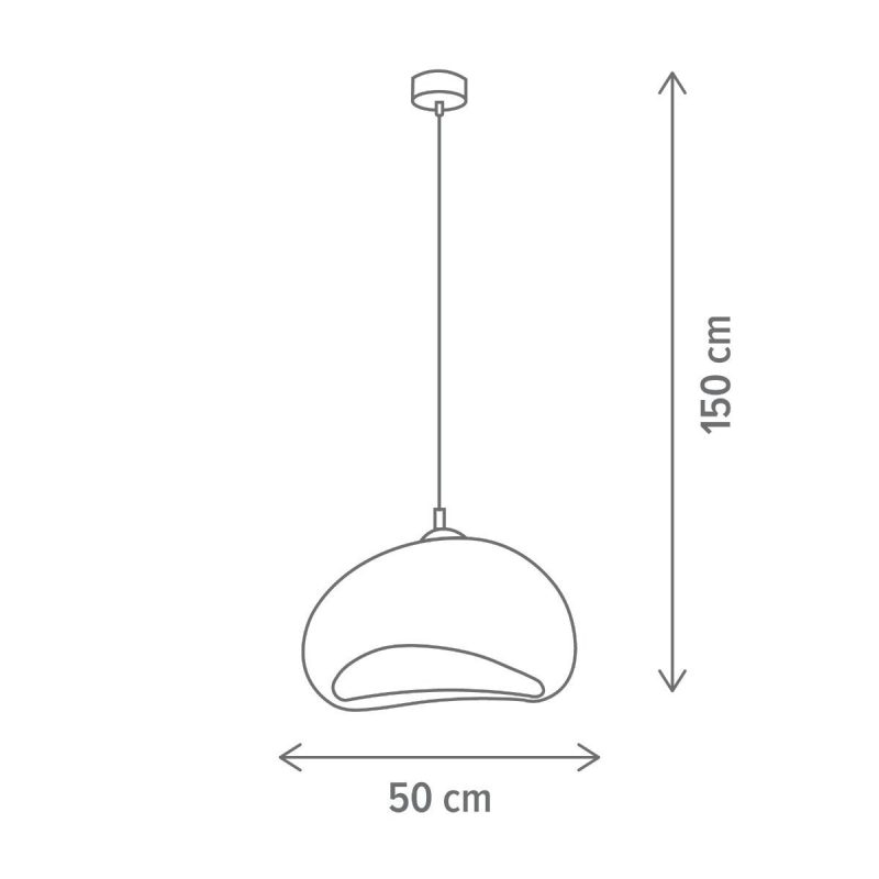Line drawing of a pendant ceiling light with a curved dome shade, suspended by a cord; height 150 cm, width 50 cm.