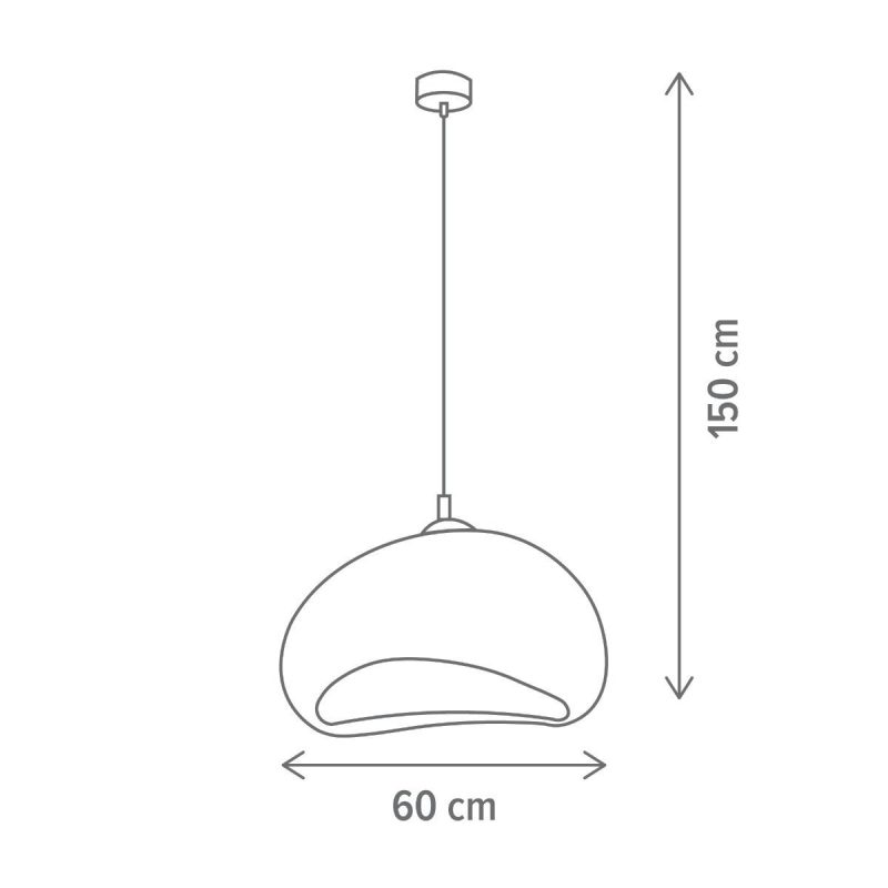 Pendant lamp with a curved dome shade, suspended from the ceiling; 150 cm tall and 60 cm wide.
