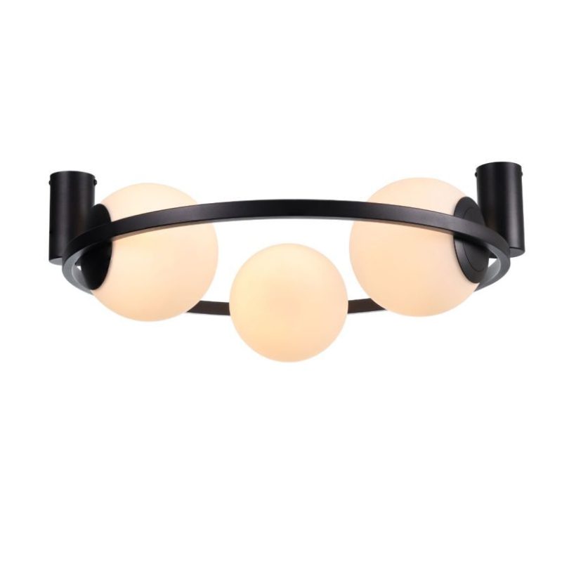 Modern ceiling light with four frosted glass globes on a black circular frame and arms setting.