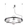 Circular black metal chandelier with five white glass globes (four around the ring and one hanging in the center), suspended by wires.