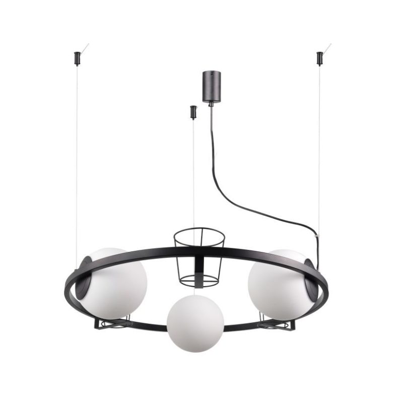 Circular black metal chandelier with five white glass globes (four around the ring and one hanging in the center), suspended by wires.