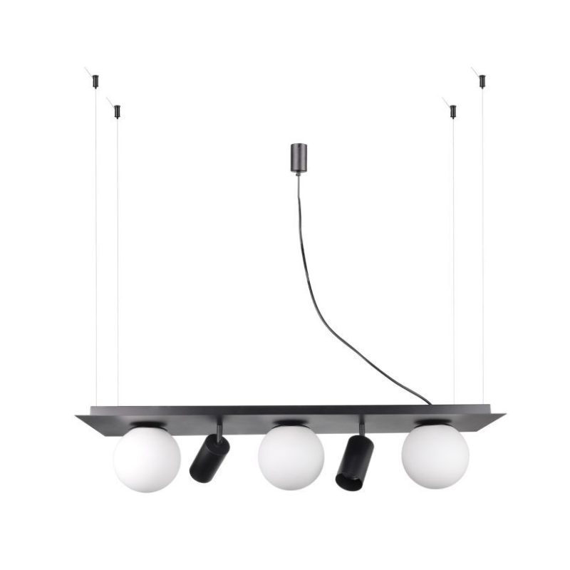 Four-bulb pendant light with white globe shades and black accents hanging from cables.