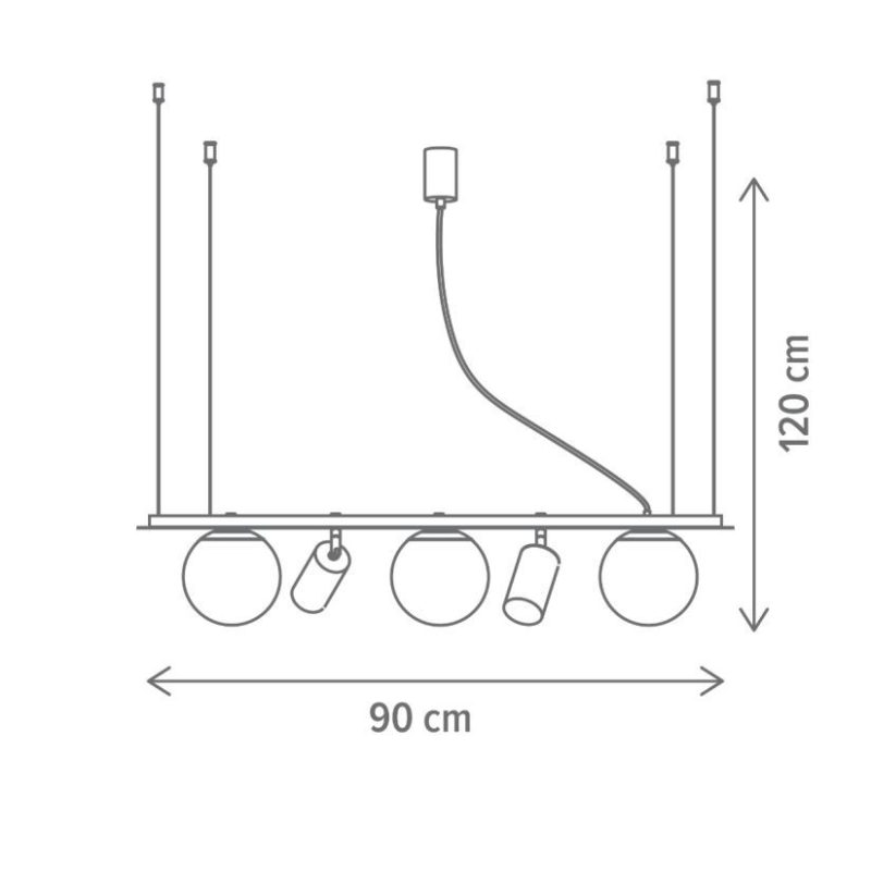 Line diagram of a ceiling-mounted lighting bar with five pendant lights (three round globes and two small cylindrical spotlights); overall width 90 cm and height 120 cm, with a central curved pendant cable.