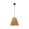 Pendant light with a conical woven rattan shade hanging from a black cord in front of a white background.