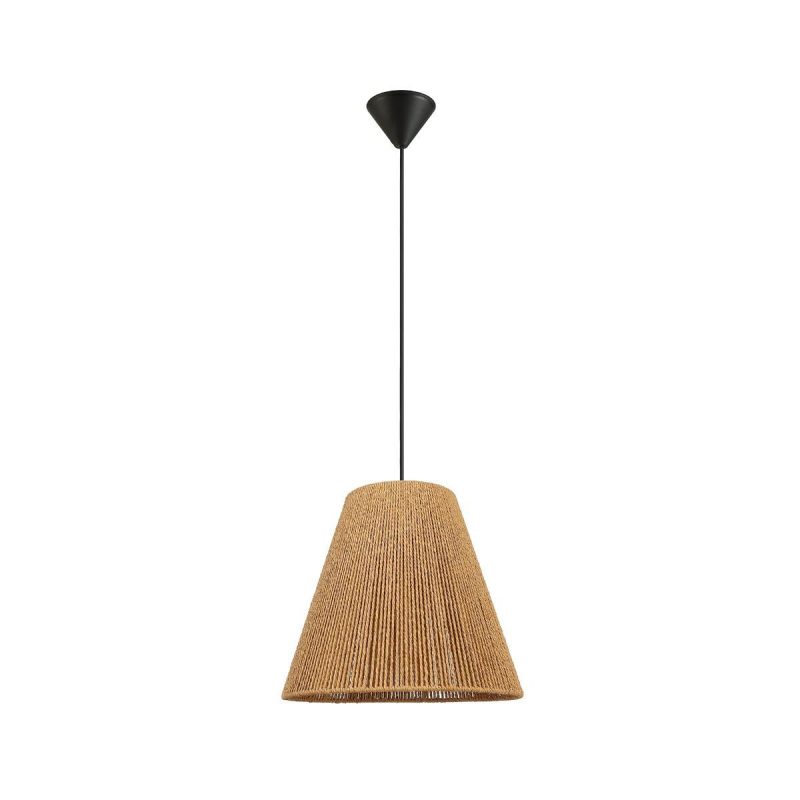 Pendant light with a conical woven rattan shade hanging from a black cord in front of a white background.