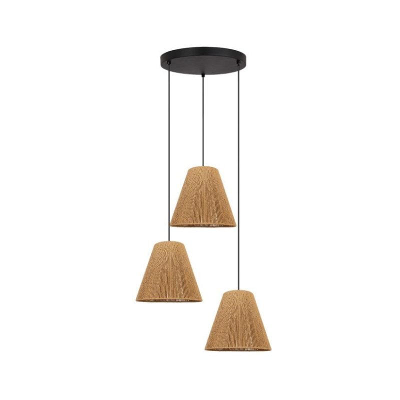 Three woven rattan pendant shades hanging at different heights from a round black ceiling mount, minimalist ceiling light fixture.