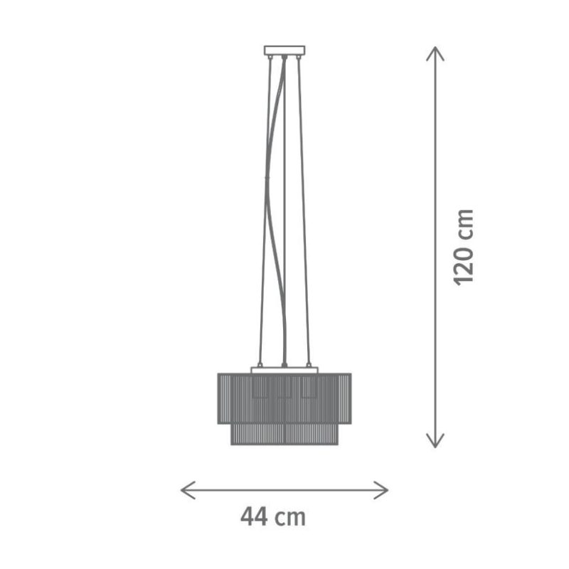 Pendant ceiling light with three suspender cords and a ribbed rectangular shade, shown with overall height 120 cm and width 44 cm for scale.