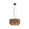 Woven rattan pendant light hanging from a ceiling mount with multiple cords