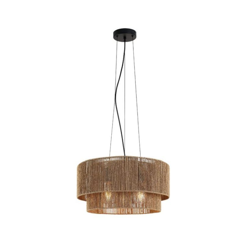 Woven rattan pendant light hanging from a ceiling mount with multiple cords
