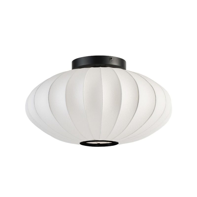 White round lantern-style ceiling light with ribbed panels and a black mount description of the fixture