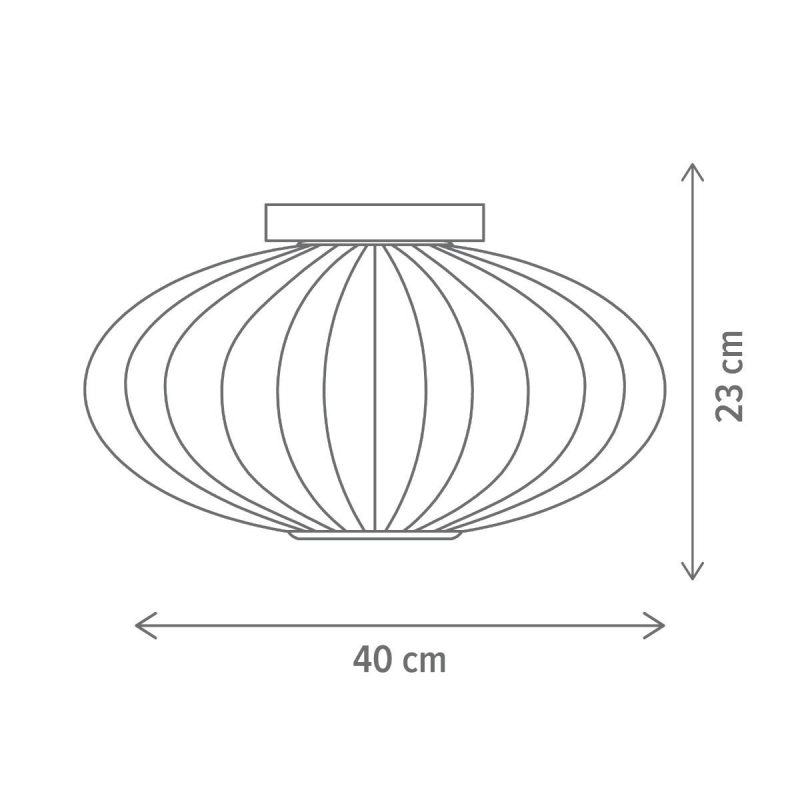 Ribbed spherical pendant lamp with a rectangular ceiling mount; 40 cm wide, 23 cm tall.